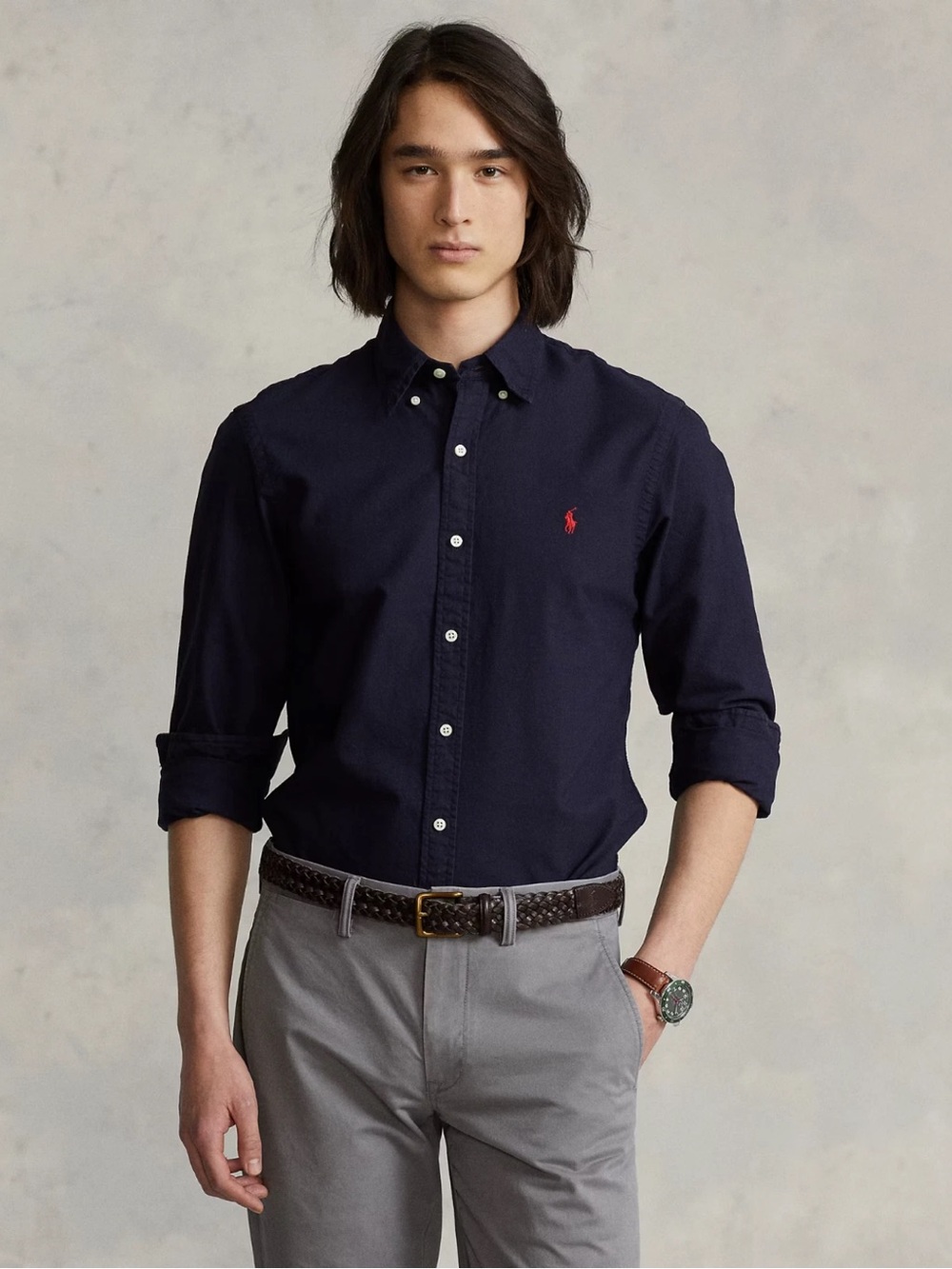 Polo by Ralph Lauren Men’s Dark Navy Button-Down Shirt with Red Pony